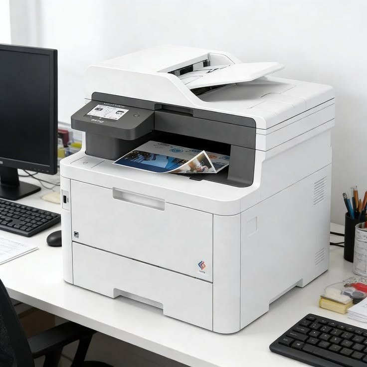 A wireless all-in-one printer set up on a desk