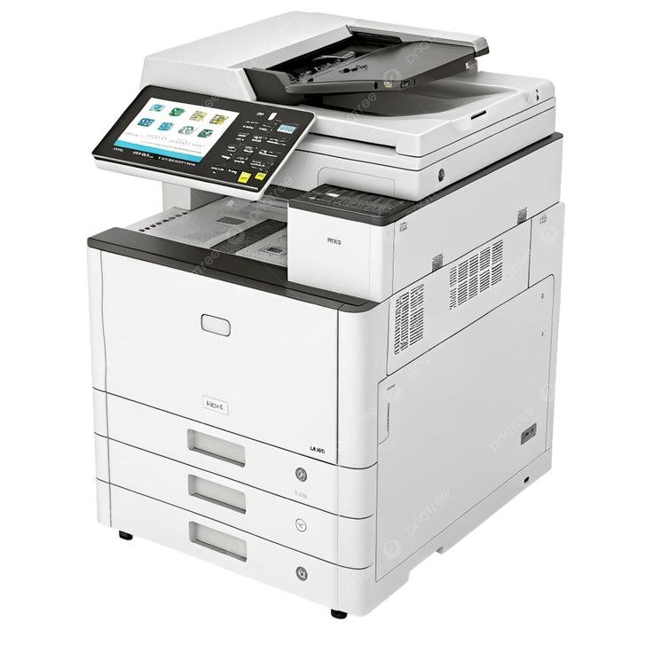 A white office multifunction copier with a colour touchscreen and paper drawers